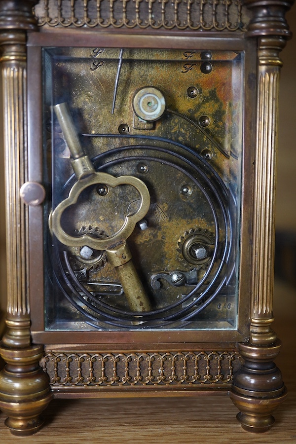 A French brass repeating carriage clock, together with another enamelled dial carriage clock, both with keys, tallest 15cm. Condition - not tested